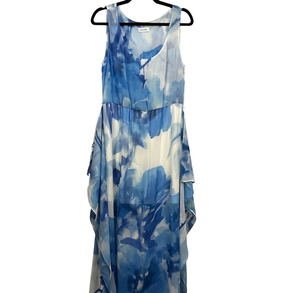 Calvin Klein Blue Watercolor Floral Chiffon Handkerchief Hem Maxi Dress Women 12 - Picture 6 of 9